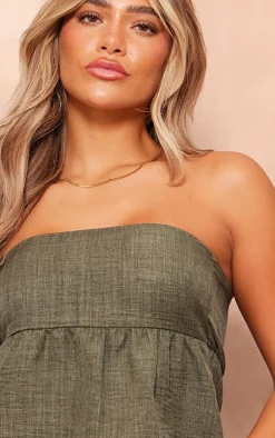 Khaki Linen Look Floaty Bandeau Top