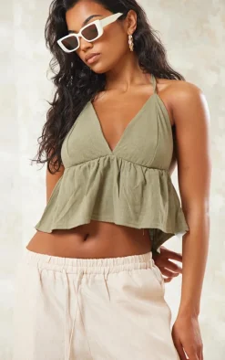 Khaki Linen Look Frill Hem Crop Top
