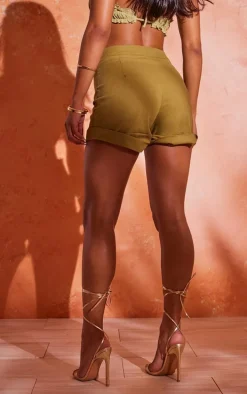 Khaki Linen Look High Waisted Shorts