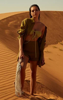 Khaki Linen Look High Waisted Shorts