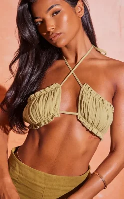 Khaki Linen Look High Waisted Shorts