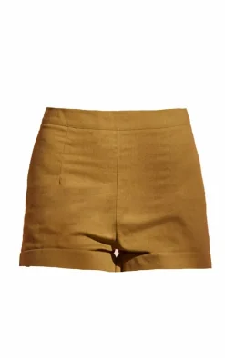 Khaki Linen Look High Waisted Shorts