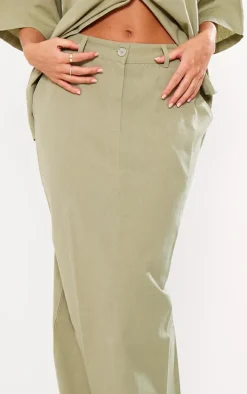Khaki Linen Look Pocket Details Maxi Skirt
