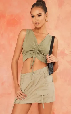 Khaki Linen Look Ruche Front Crop Top