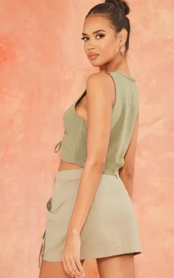 Khaki Linen Look Ruche Front Crop Top