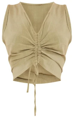Khaki Linen Look Ruche Front Crop Top