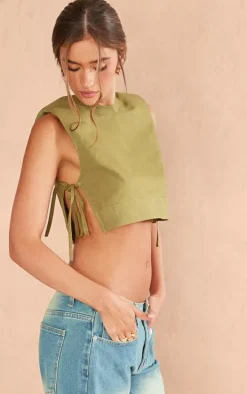 Khaki Linen Look Shoulder Pad Tie Side Top