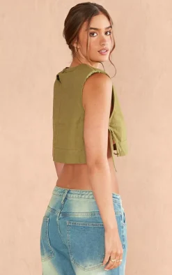 Khaki Linen Look Shoulder Pad Tie Side Top
