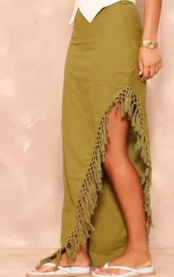 Khaki Linen Look Tassel Hem Thigh Split Maxi Skirt