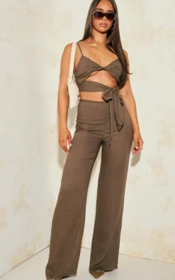 Khaki Linen Look Tie Detail Crop Top