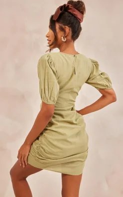 Khaki Linen Scoop Neck Ruched Skirt Bodycon Dress