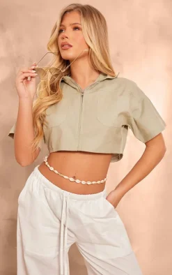 Khaki Linen Zip Front Crop Utility Shirt