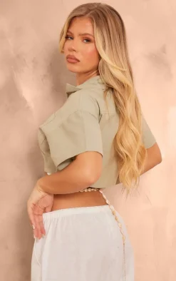 Khaki Linen Zip Front Crop Utility Shirt