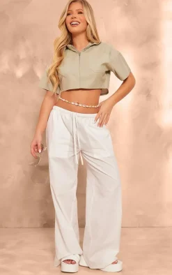 Khaki Linen Zip Front Crop Utility Shirt