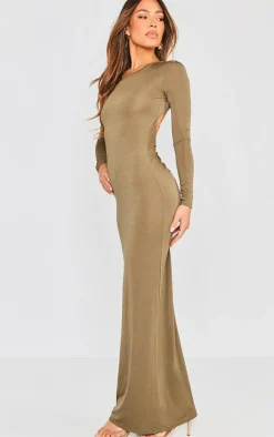 Khaki Long Sleeve Open Back Ruched Detail Maxi Dress