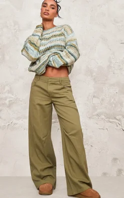 Khaki Low Rise Twill Wide Leg Pants