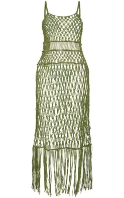 Khaki Macrame Tassel Hem Beach Maxi Dress