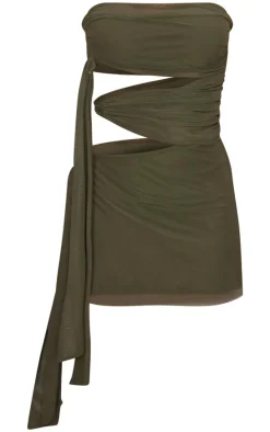 Khaki Mesh Bandeau Tie Waist Cut Out Mini Dress