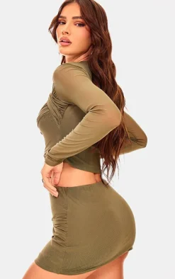 Khaki Mesh Long Sleeve Knot Detail Top