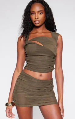Khaki Mesh Sheer Cut Out Top