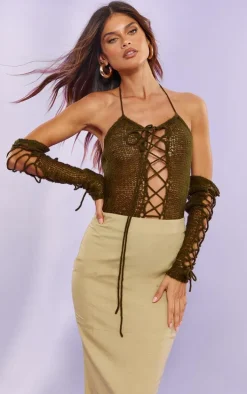 Khaki Open Knit Lace Up Bodysuit & Sleeves