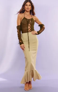 Khaki Open Knit Lace Up Bodysuit & Sleeves