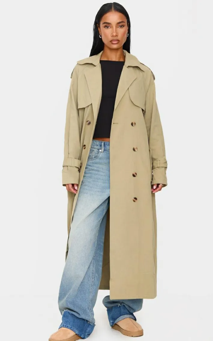 Khaki Panel Detail Belted Trench Coat