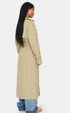 Khaki Panel Detail Belted Trench Coat
