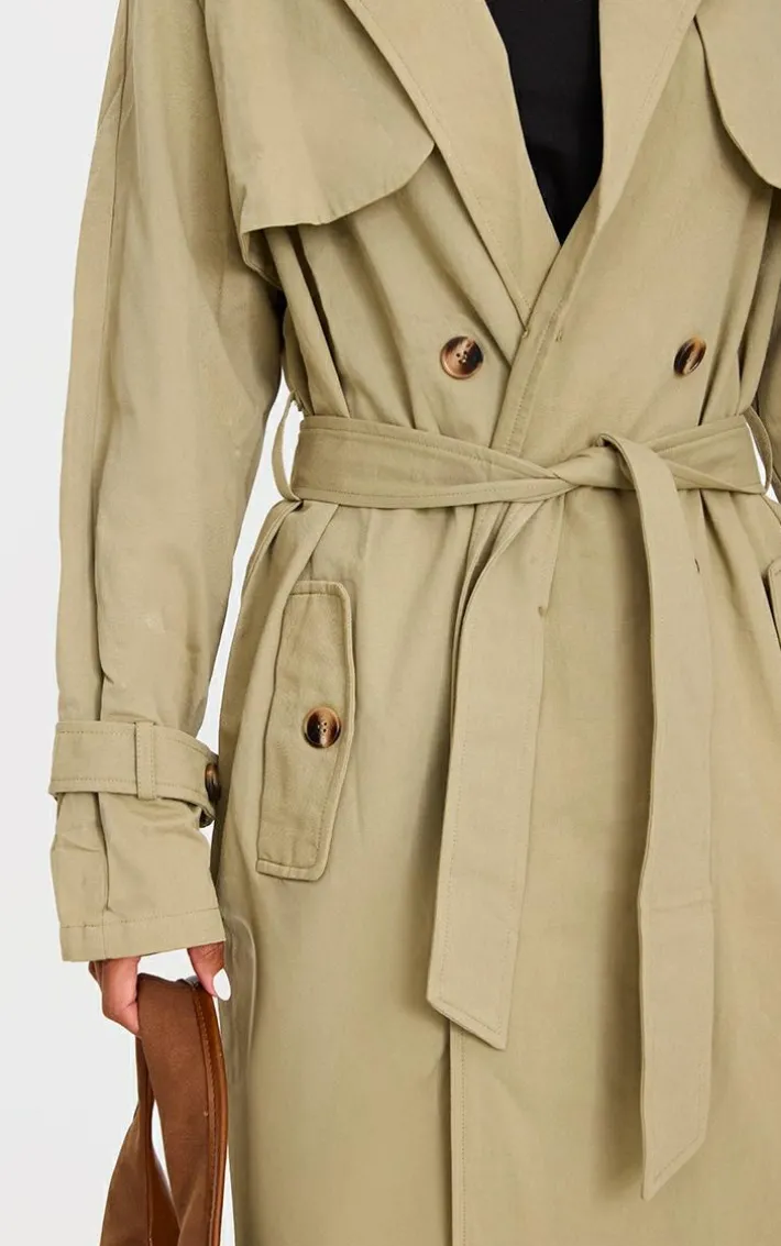 Khaki Panel Detail Belted Trench Coat