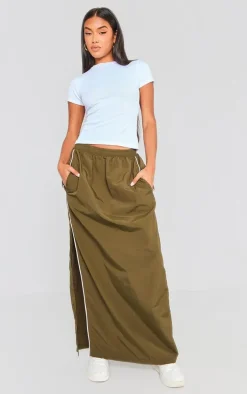 Khaki Parachute Piping Detail Track Maxi Skirt