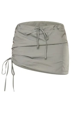 Khaki Parachute Ruched Side Drawstring Waist Micro Mini Skirt
