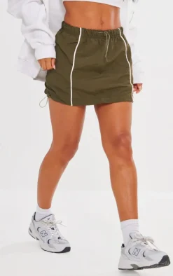 Khaki Parachute Shell Contrast Stitch Mini Skirt