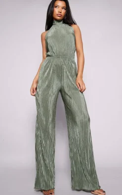 Khaki Plisse High Neck Scoop Back Wide Leg Jumpsuit