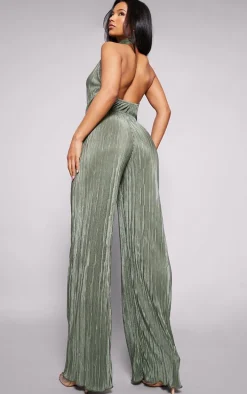 Khaki Plisse High Neck Scoop Back Wide Leg Jumpsuit