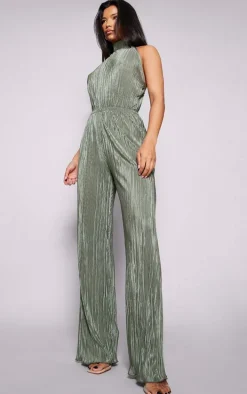 Khaki Plisse High Neck Scoop Back Wide Leg Jumpsuit