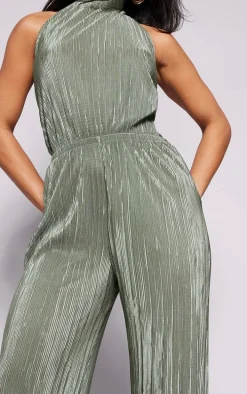 Khaki Plisse High Neck Scoop Back Wide Leg Jumpsuit