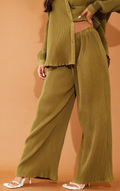 Khaki Plisse High Waisted Wide Leg Pants