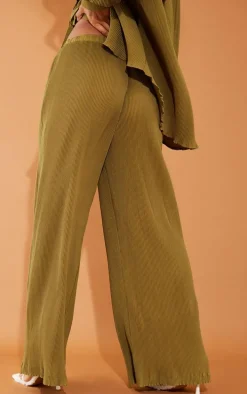 Khaki Plisse High Waisted Wide Leg Pants