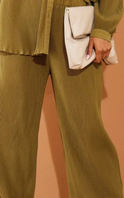 Khaki Plisse High Waisted Wide Leg Pants