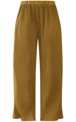 Khaki Plisse High Waisted Wide Leg Pants