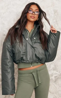 Khaki Pocket Detail Lightweight Puffer Jacket