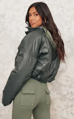 Khaki Pocket Detail Lightweight Puffer Jacket