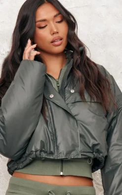 Khaki Pocket Detail Lightweight Puffer Jacket