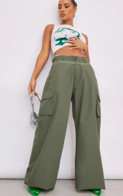 Khaki Pocket Side Coated Wide Leg Cargo Bottoms
