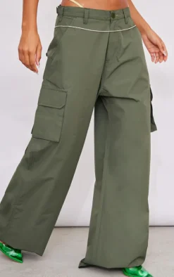 Khaki Pocket Side Coated Wide Leg Cargo Bottoms