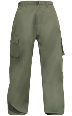 Khaki Pocket Side Coated Wide Leg Cargo Bottoms