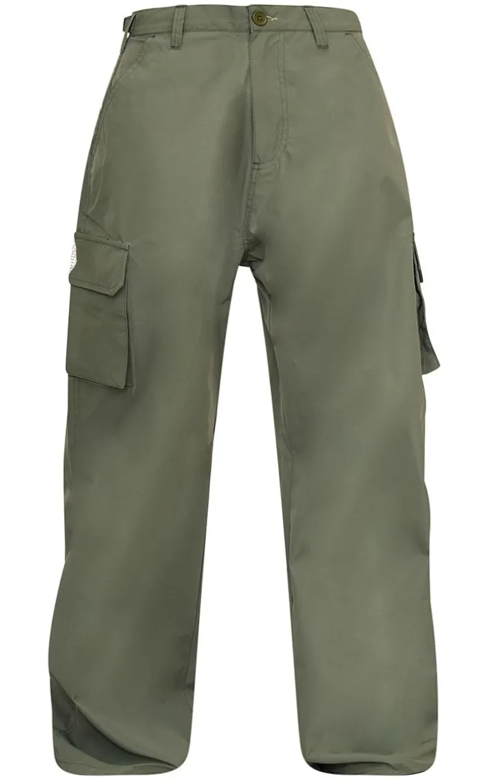 Khaki Pocket Side Coated Wide Leg Cargo Bottoms