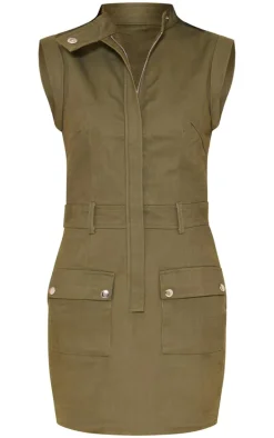 Khaki Premium Cargo Twill Pocket Detail Bodycon Dress