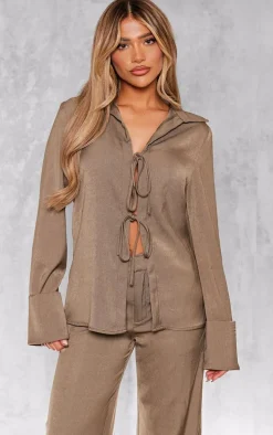 Khaki Premium Tie Front Long Sleeve Shirt