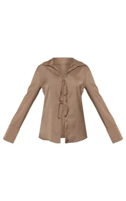 Khaki Premium Tie Front Long Sleeve Shirt